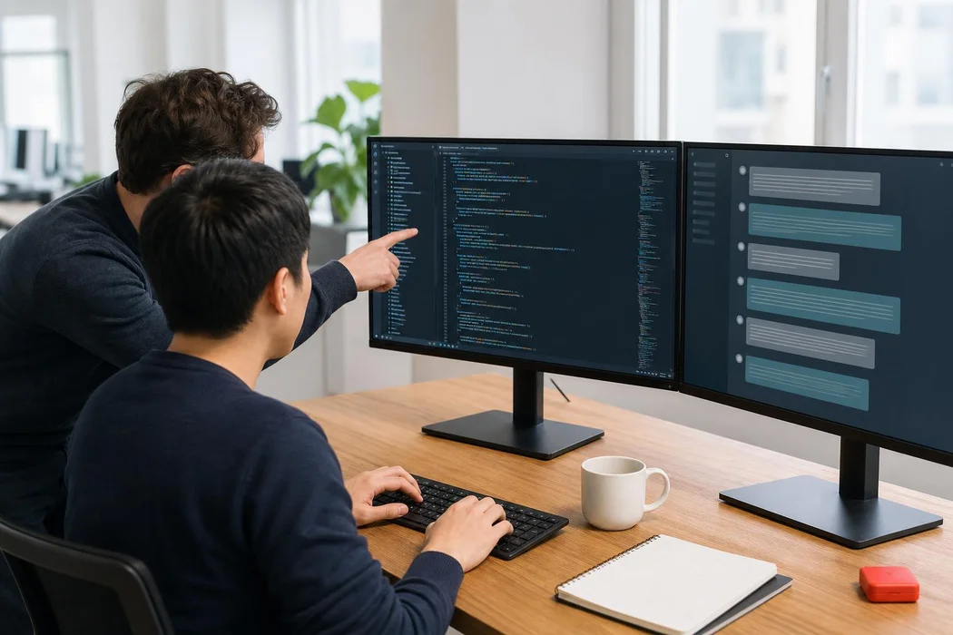 Dos desarrolladores trabajando con un asistente de IA junto al código