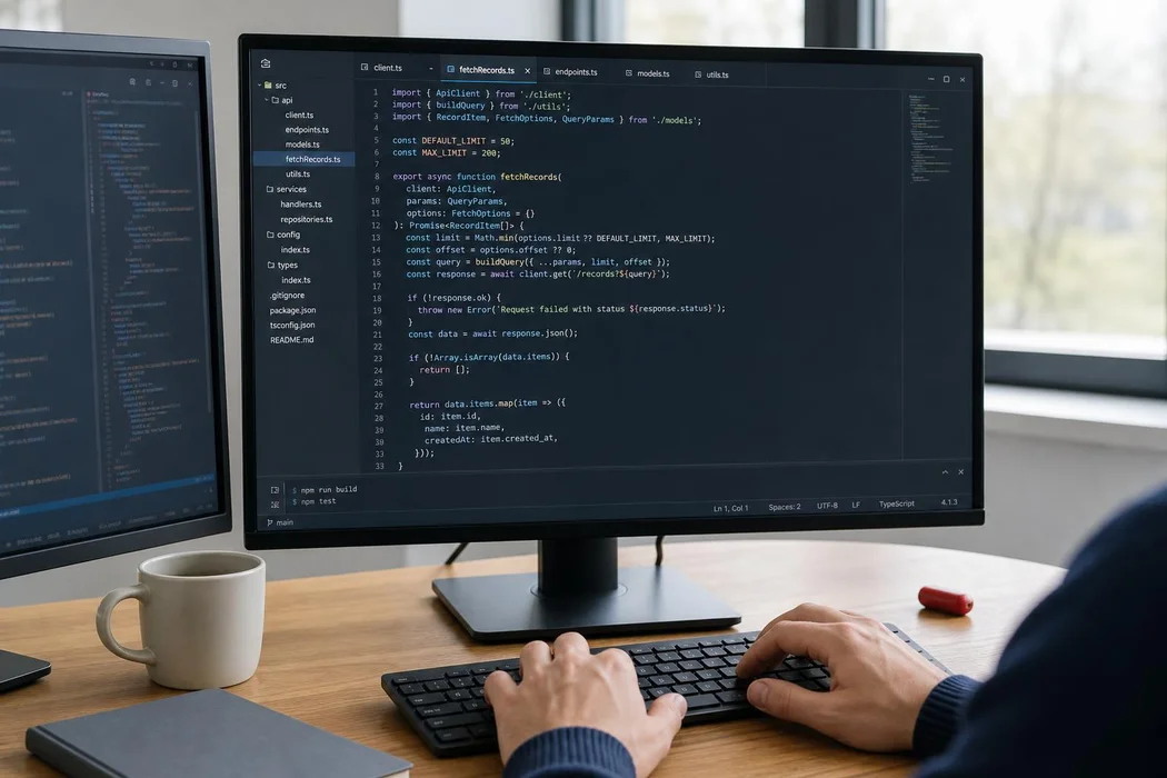 A developer writing code, an editor open across two screens